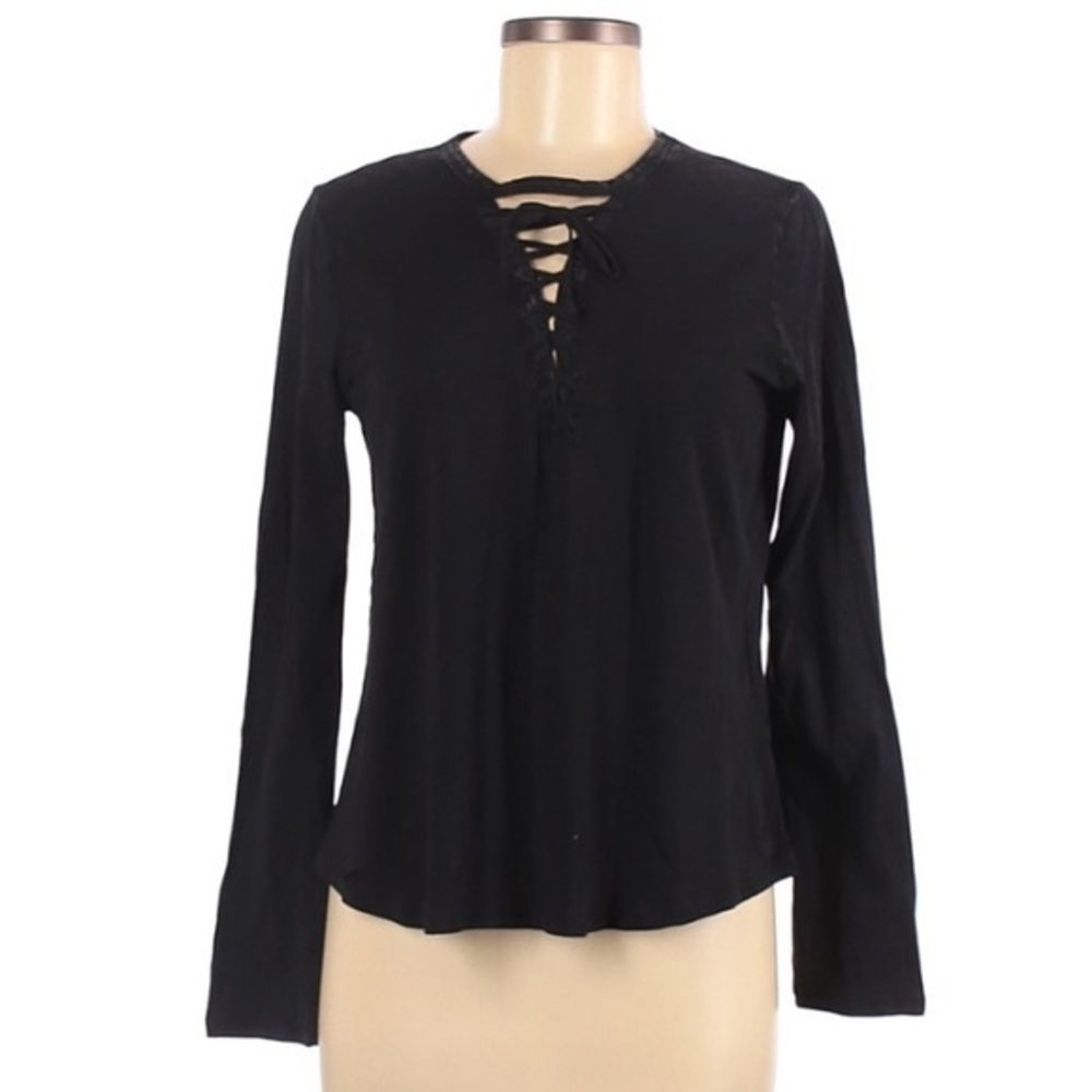 Others Follow size M Black cotton lace up front neckline long sleeve A-line top